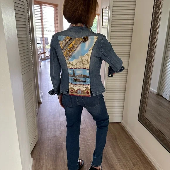 Vintage Denim Jacket, Italian Silk Print insert. Casual,soft,chic,unique jacket.
